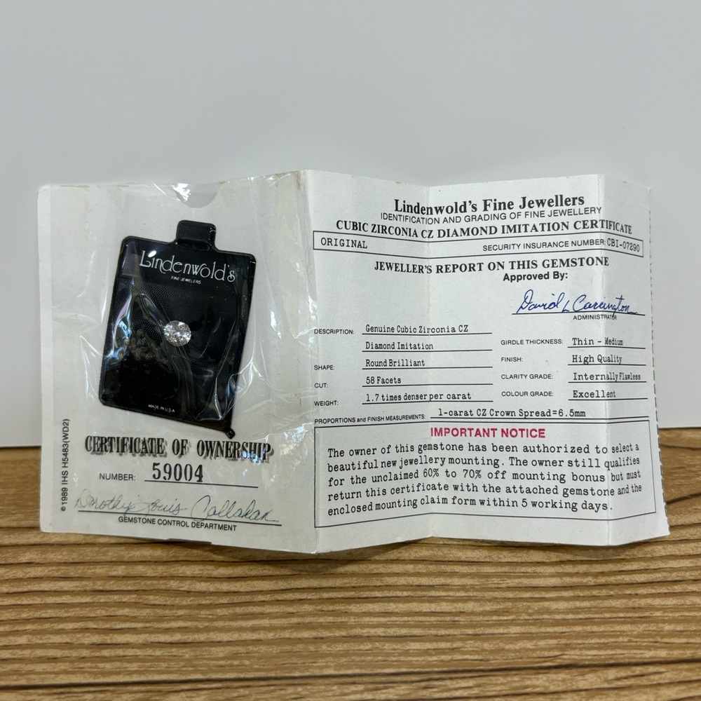 Lindenwold’s Cubic Zirconia With Certificate Of Authenticity Made In USA